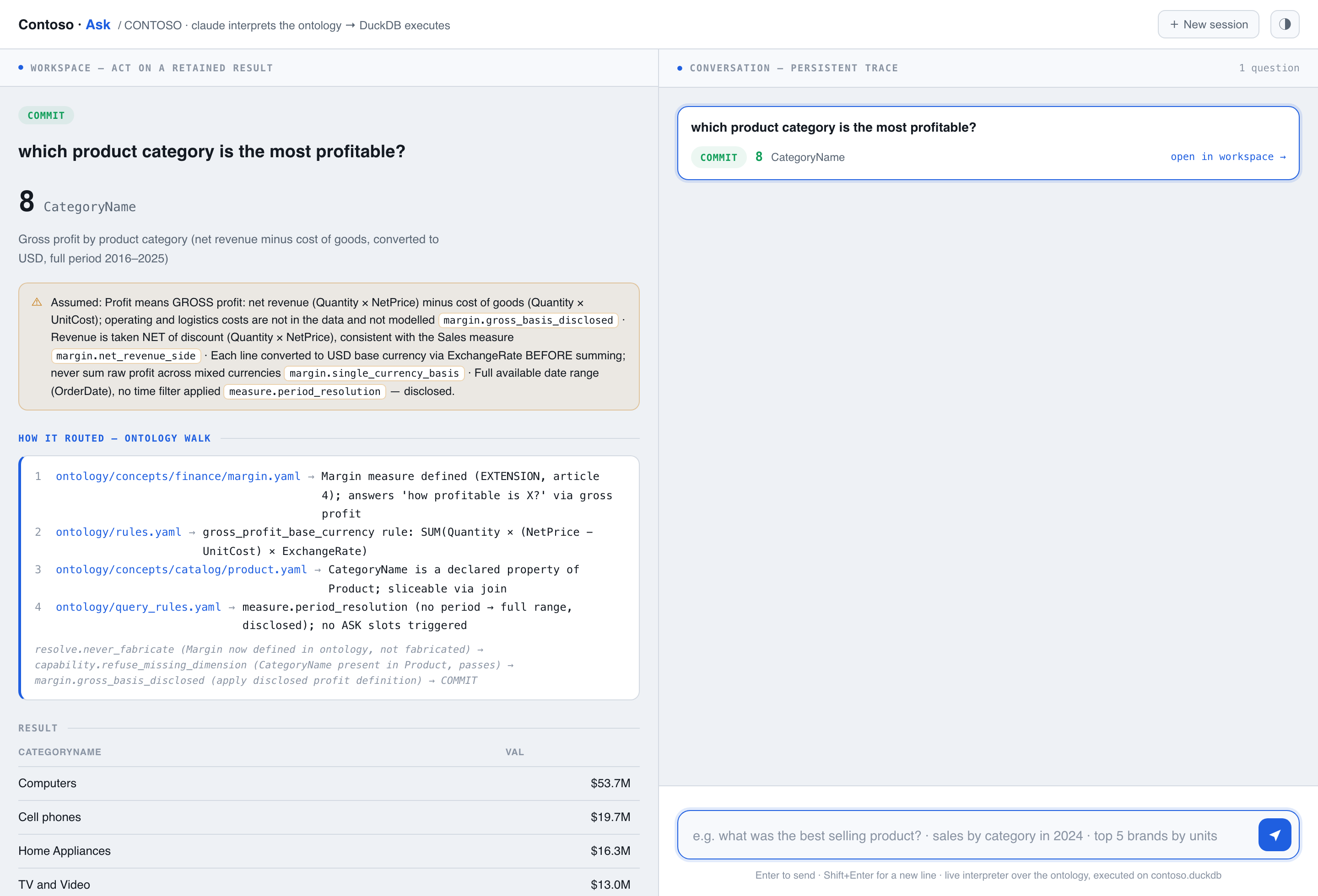 the commit: "Computers $53.7M", assumptions disclosed (ask · after)